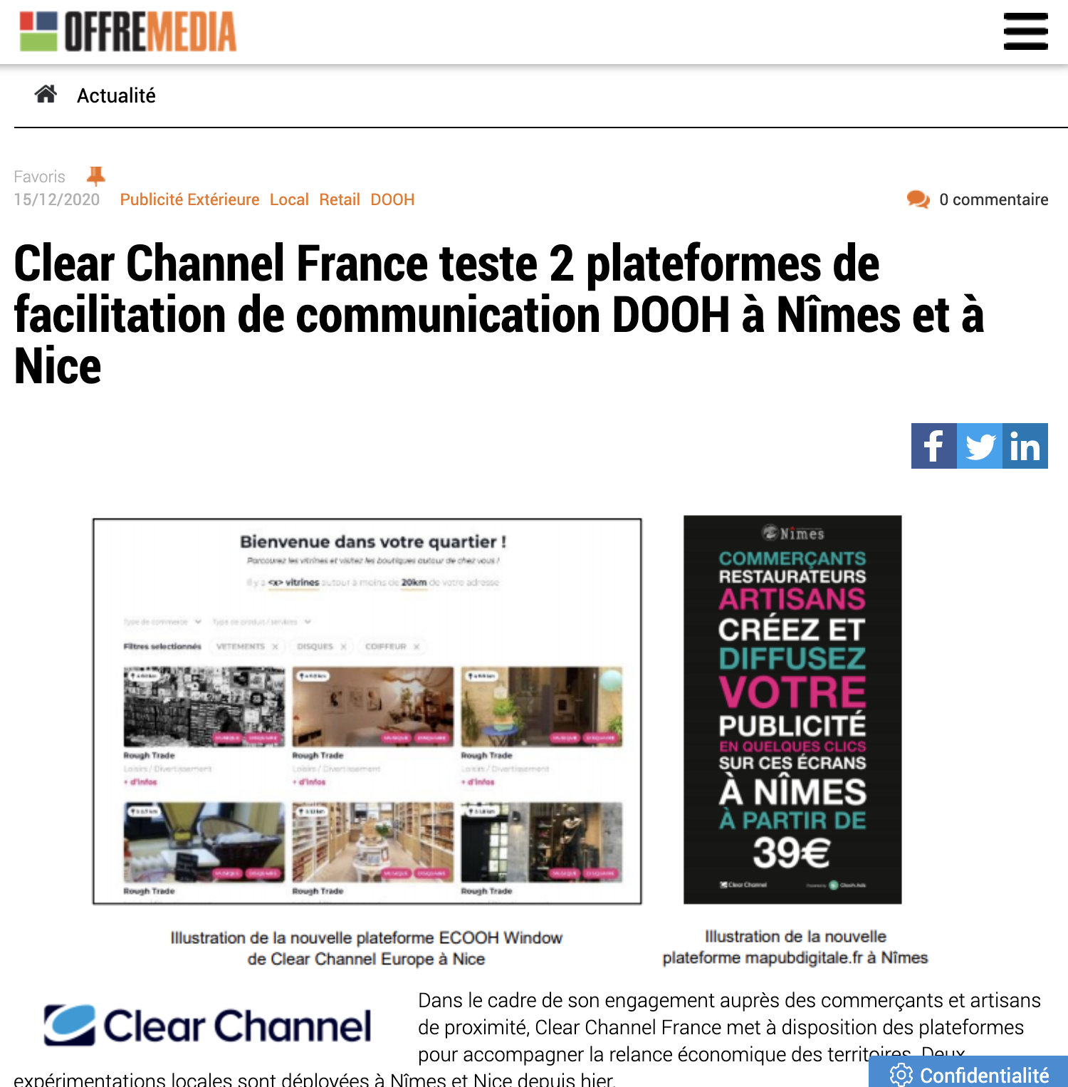 Clear Channel France teste 2 plateformes de facilitation de communication DOOH à Nîmes et à Nice